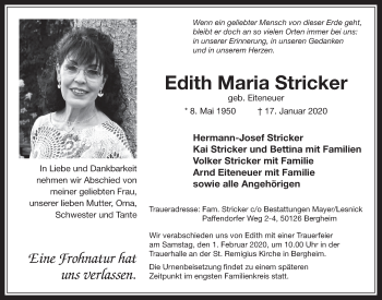 Anzeige von Edith Maria Stricker von  Lokalanzeiger  Werbepost 