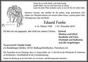 Anzeige von Eduard Funke von  Sonntags-Post 