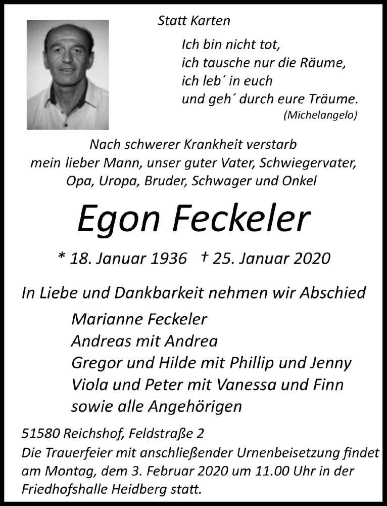  Traueranzeige für Egon Feckeler vom 29.01.2020 aus  Anzeigen Echo 
