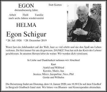 Anzeige von Egon Schigur von  Bergisches Handelsblatt 