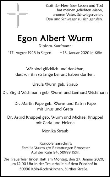 Anzeige von Egon Albert Wurm von Kölner Stadt-Anzeiger / Kölnische Rundschau / Express