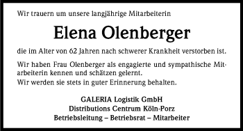 Anzeige von Elena Olenberger von Kölner Stadt-Anzeiger / Kölnische Rundschau / Express