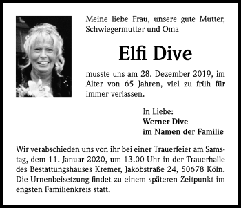 Anzeige von Elfi Dive von Kölner Stadt-Anzeiger / Kölnische Rundschau / Express