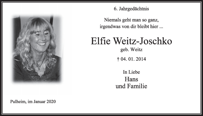  Traueranzeige für Elfie Weitz-Joschko vom 11.01.2020 aus  Sonntags-Post 