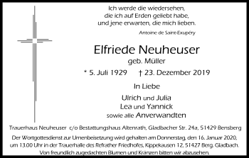 Anzeige von Elfriede Neuheuser von Kölner Stadt-Anzeiger / Kölnische Rundschau / Express