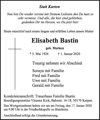 Anzeige von Elisabeth Bastin von  Sonntags-Post 