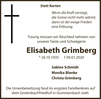 Anzeige von Elisabeth Grimberg von  Anzeigen Echo 