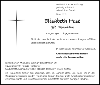 Anzeige von Elisabeth Hose von Kölner Stadt-Anzeiger / Kölnische Rundschau / Express