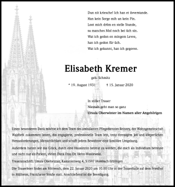 Anzeige von Elisabeth Kremer von Kölner Stadt-Anzeiger / Kölnische Rundschau / Express