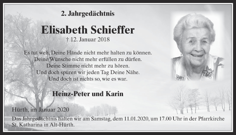  Traueranzeige für Elisabeth Schieffer vom 08.01.2020 aus  Wochenende 