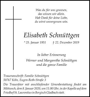 Anzeige von Elisabeth Schnüttgen von Kölner Stadt-Anzeiger / Kölnische Rundschau / Express