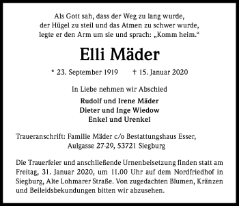 Anzeige von Elli Mäder von Kölner Stadt-Anzeiger / Kölnische Rundschau / Express