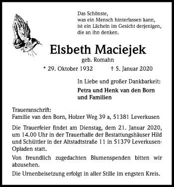 Anzeige von Elsbeth Maciejek von Kölner Stadt-Anzeiger / Kölnische Rundschau / Express