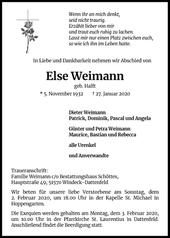 Anzeige von Else Weimann von Kölner Stadt-Anzeiger / Kölnische Rundschau / Express