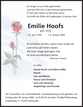 Anzeige von Emilie Hoofs von Kölner Stadt-Anzeiger / Kölnische Rundschau / Express