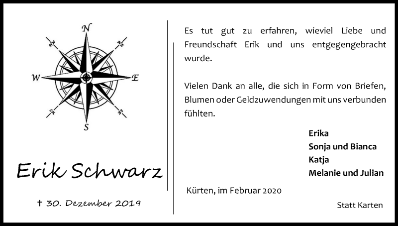  Traueranzeige für Erik Schwarz vom 01.02.2020 aus Kölner Stadt-Anzeiger / Kölnische Rundschau / Express