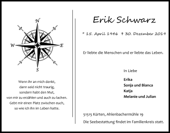 Anzeige von Erik Schwarz von Kölner Stadt-Anzeiger / Kölnische Rundschau / Express
