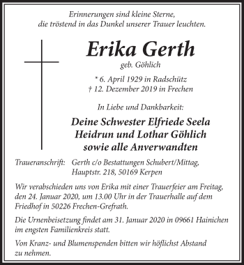 Anzeige von Erika Gerth von  Sonntags-Post 