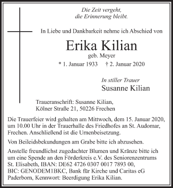 Anzeige von Erika Kilian von  Sonntags-Post 
