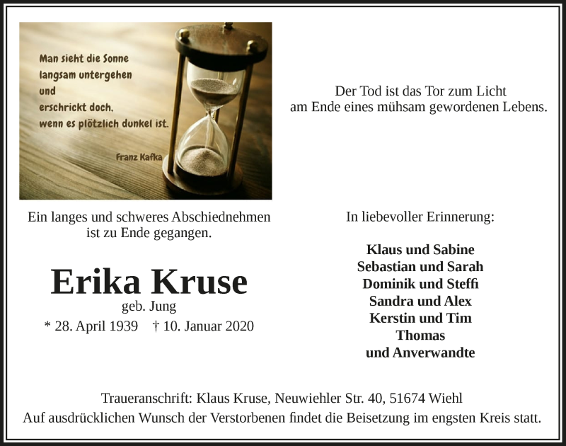  Traueranzeige für Erika Kruse vom 15.01.2020 aus  Anzeigen Echo  Lokalanzeiger 
