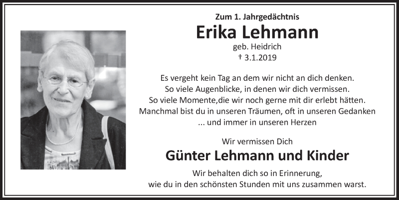  Traueranzeige für Erika Lehmann vom 29.01.2020 aus  Schlossbote/Werbekurier 