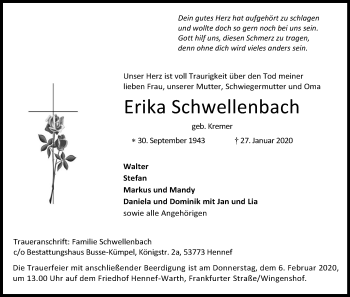 Anzeige von Erika Schwellenbach von Kölner Stadt-Anzeiger / Kölnische Rundschau / Express