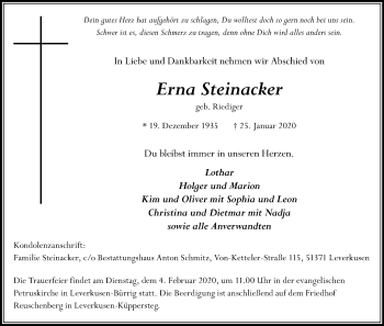 Anzeige von Erna Steinacker von Kölner Stadt-Anzeiger / Kölnische Rundschau / Express