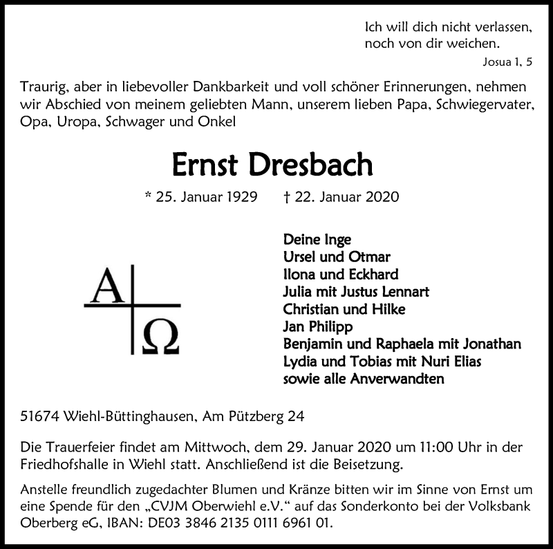  Traueranzeige für Ernst Dresbach vom 25.01.2020 aus Kölner Stadt-Anzeiger / Kölnische Rundschau / Express