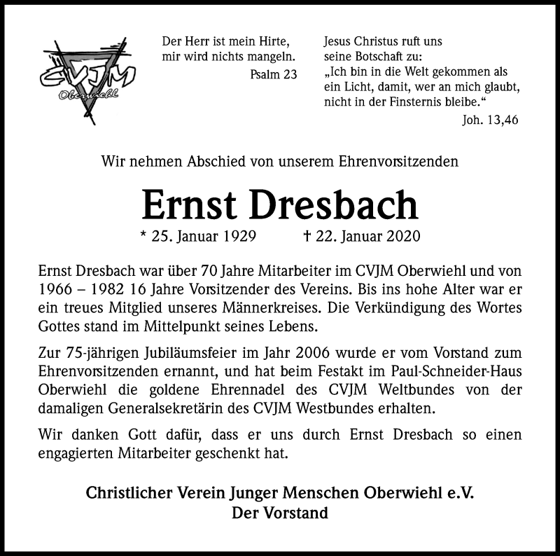  Traueranzeige für Ernst Dresbach vom 28.01.2020 aus Kölner Stadt-Anzeiger / Kölnische Rundschau / Express