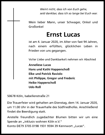 Anzeige von Ernst Lucas von Kölner Stadt-Anzeiger / Kölnische Rundschau / Express