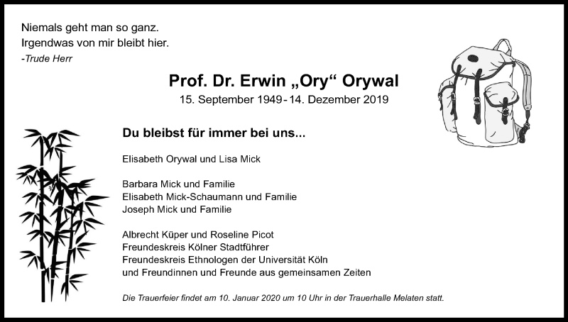  Traueranzeige für Erwin Orywal vom 04.01.2020 aus Kölner Stadt-Anzeiger / Kölnische Rundschau / Express