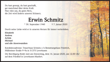Anzeige von Erwin Schmitz von Kölner Stadt-Anzeiger / Kölnische Rundschau / Express
