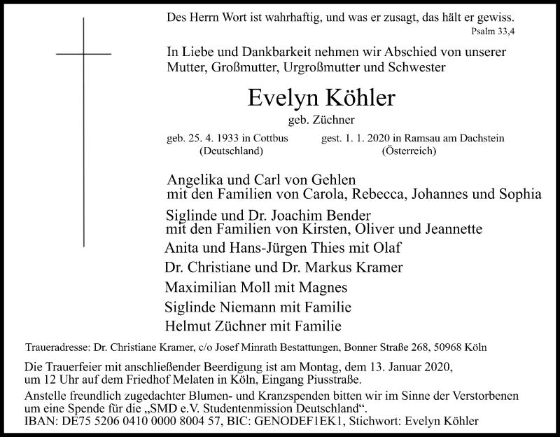 Traueranzeige für Evelyn Köhler vom 11.01.2020 aus Kölner Stadt-Anzeiger / Kölnische Rundschau / Express