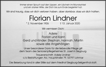 Anzeige von Florian Lindner von Kölner Stadt-Anzeiger / Kölnische Rundschau / Express
