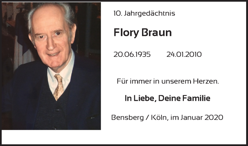  Traueranzeige für Flory Braun vom 01.02.2020 aus Kölner Stadt-Anzeiger / Kölnische Rundschau / Express
