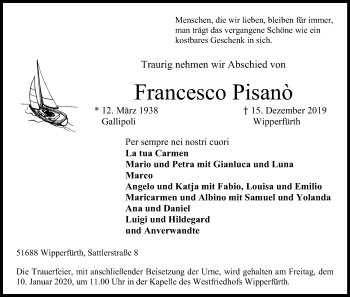Anzeige von Francesco Pisanò von Kölner Stadt-Anzeiger / Kölnische Rundschau / Express