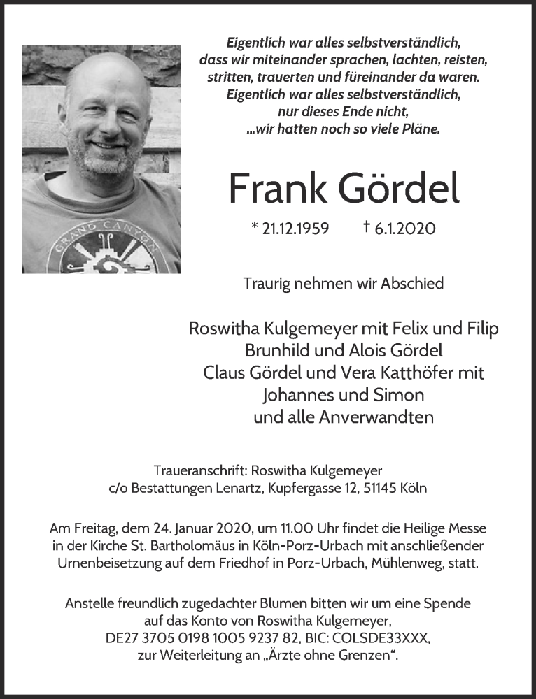  Traueranzeige für Frank Gördel vom 22.01.2020 aus  Kölner Wochenspiegel 