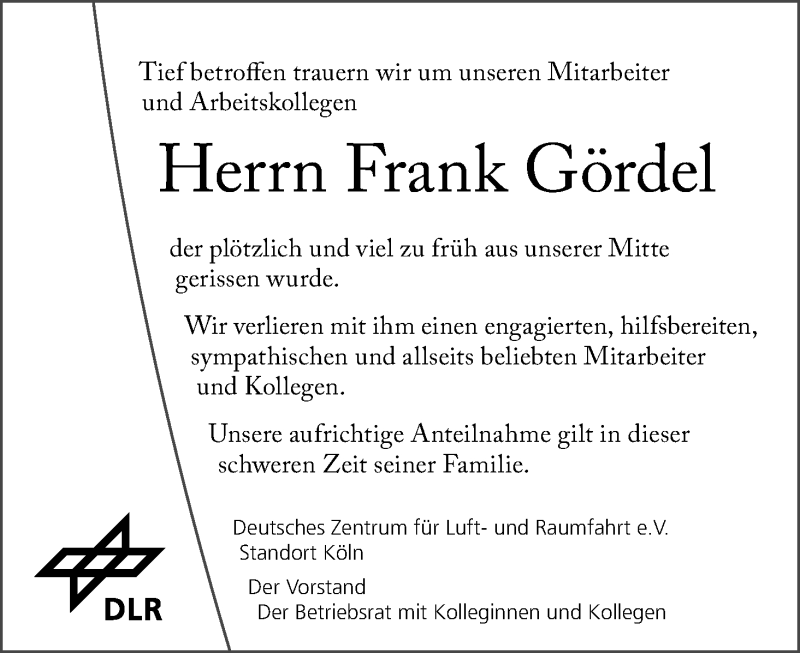  Traueranzeige für Frank Gördel vom 28.01.2020 aus Kölner Stadt-Anzeiger / Kölnische Rundschau / Express