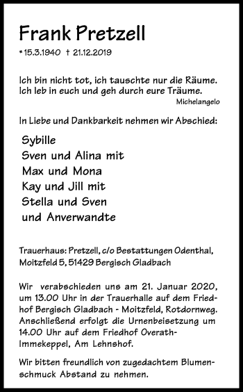 Anzeige von Frank Pretzell von Kölner Stadt-Anzeiger / Kölnische Rundschau / Express