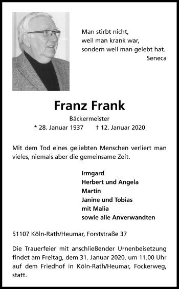 Anzeige von Franz Frank von Kölner Stadt-Anzeiger / Kölnische Rundschau / Express