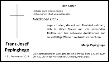 Anzeige von Franz-Josef Pepinghege von  Kölner Wochenspiegel 