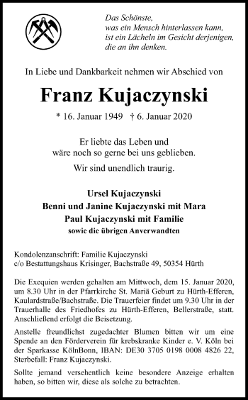 Anzeige von Franz Kujaczynski von Kölner Stadt-Anzeiger / Kölnische Rundschau / Express