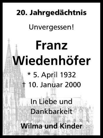 Anzeige von Franz Wiedenhöfer von Kölner Stadt-Anzeiger / Kölnische Rundschau / Express