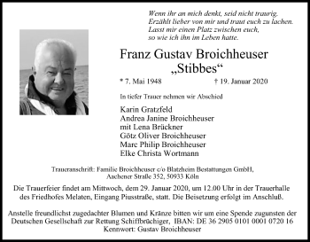 Anzeige von Franz Gustav Broichheuser von Kölner Stadt-Anzeiger / Kölnische Rundschau / Express