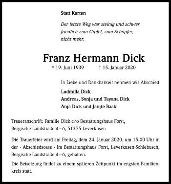 Anzeige von Franz Hermann Dick von Kölner Stadt-Anzeiger / Kölnische Rundschau / Express
