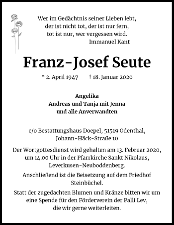 Anzeige von Franz Josef Seute von Kölner Stadt-Anzeiger / Kölnische Rundschau / Express