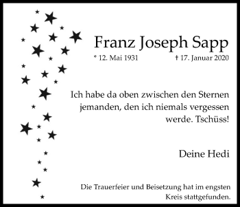 Anzeige von Franz Joseph Sapp von Kölner Stadt-Anzeiger / Kölnische Rundschau / Express