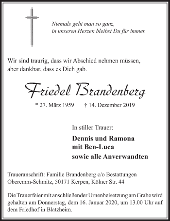 Anzeige von Friedel Brandenberg von  Sonntags-Post 