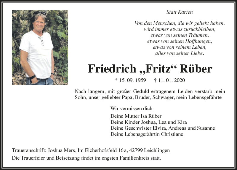  Traueranzeige für Friedrich  Rüber vom 18.01.2020 aus  Leverkusener Wochenende 