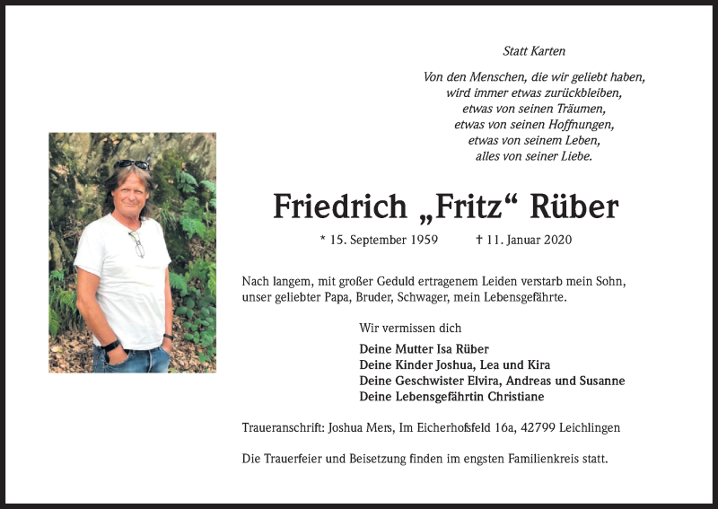  Traueranzeige für Friedrich  Rüber vom 17.01.2020 aus Kölner Stadt-Anzeiger / Kölnische Rundschau / Express